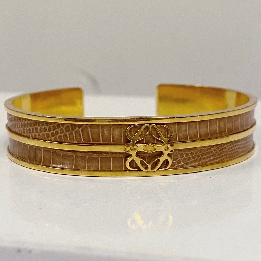 Loewe Gold Plated Tan Lizard Leather Monogram Logo Cuff Bracelet Spain